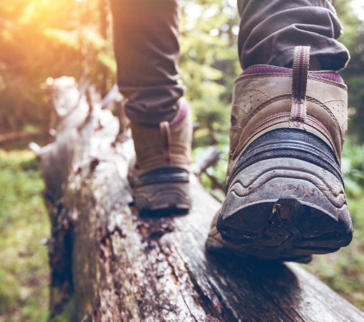 Close up of person with hiking boots walking on log in forest