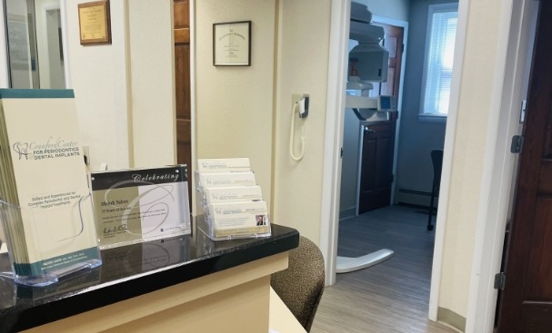 Stacks of business cards on reception desk